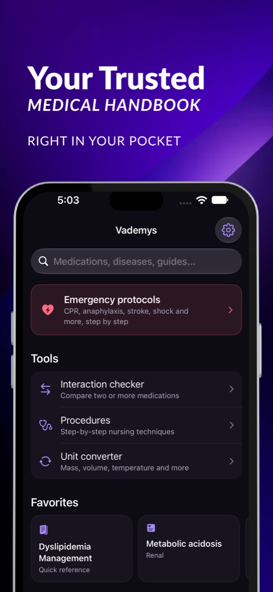 Vademys home screen with search and emergency protocols